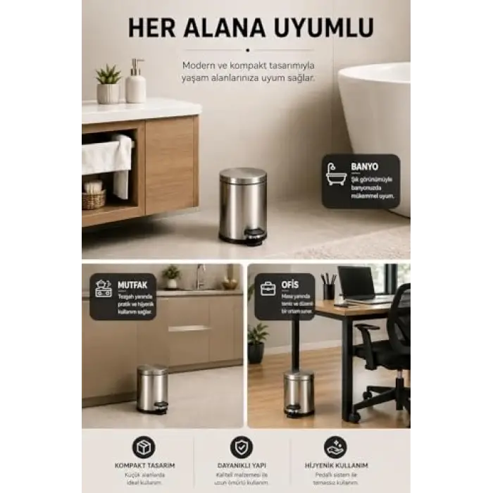 Krom Pedallı Çöp Kovası 3 Lt Eko