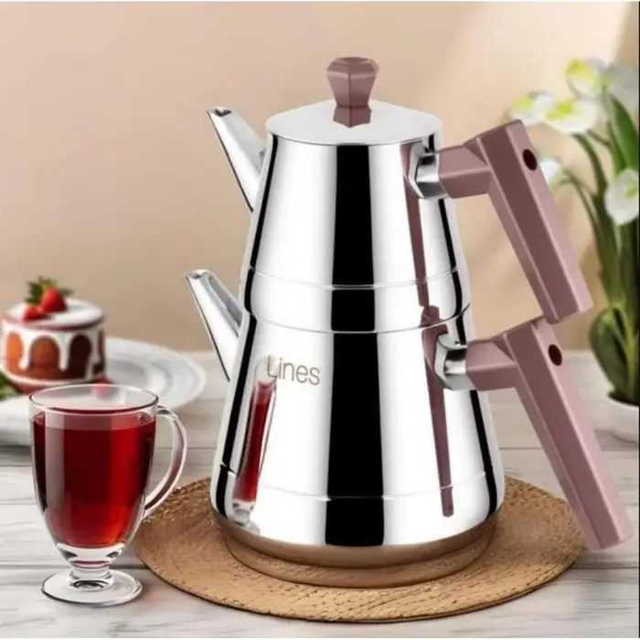 L-3064 Piramit Orta Boy Çelik Çaydanlık Takımı, Bakalit Bronz