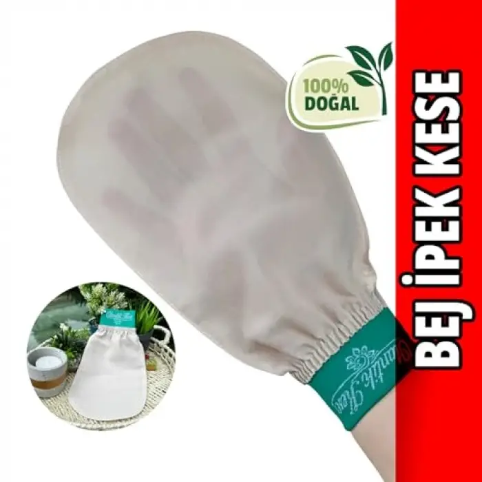 Lastikli Bej İpek Banyo Kesesi