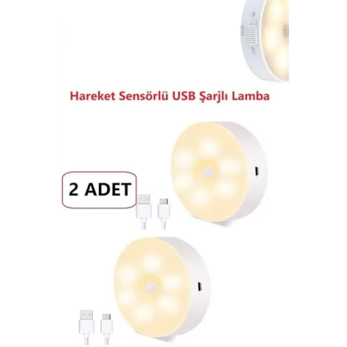 LED Gece Lambası Hareket Sensörlü Şarj Edilebilir Duvara Monte Lamba 2 Adet