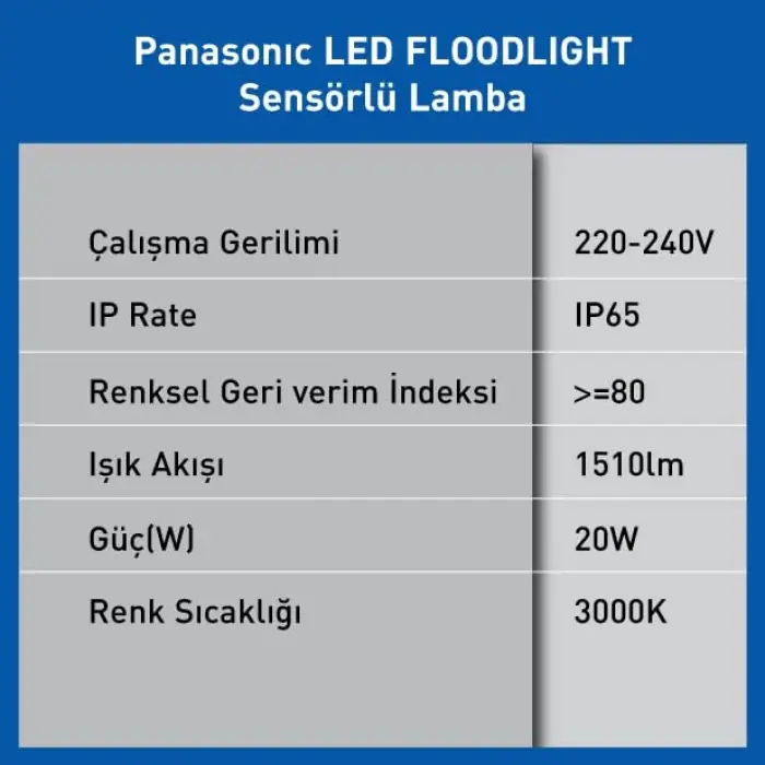 LED Sensörlü Projektör, 20W, 1510 lm, 3000K Sıcak Beyaz