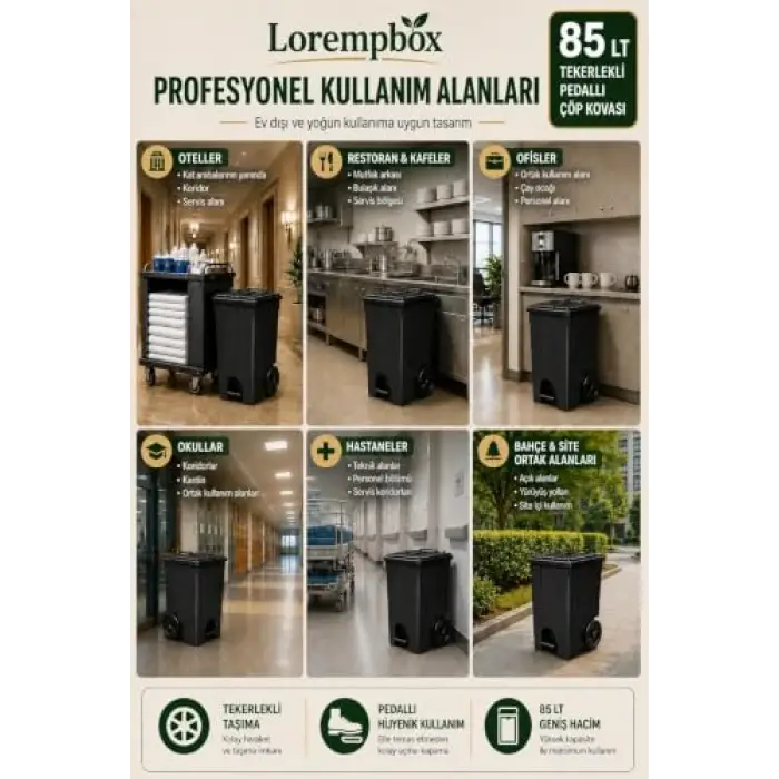 Lorempbox 85 L Tekerlekli Pedallı Çöp Kovası Siyah