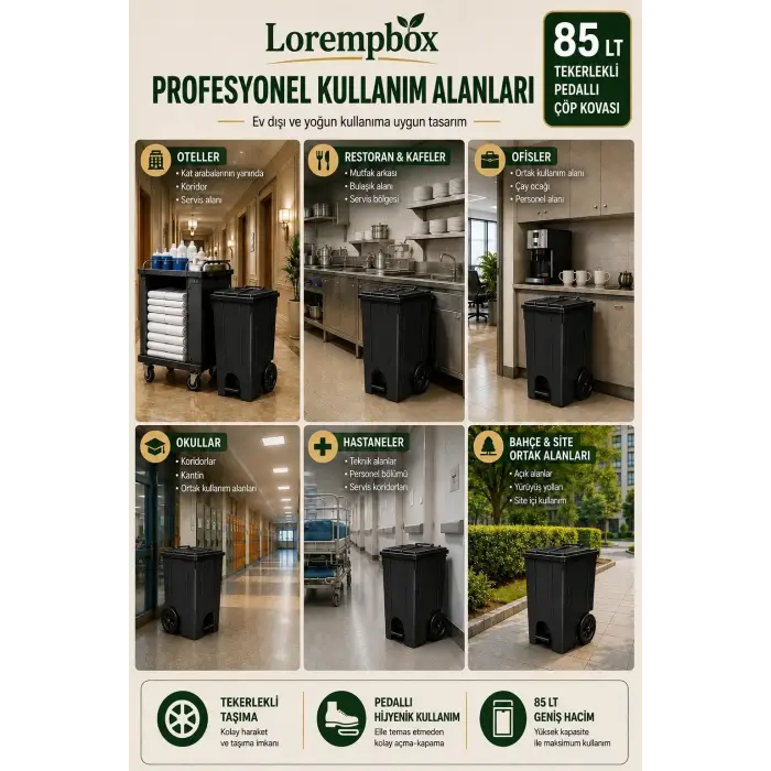 Lorempbox 85 L Tekerlekli Pedallı Çöp Kovası Siyah