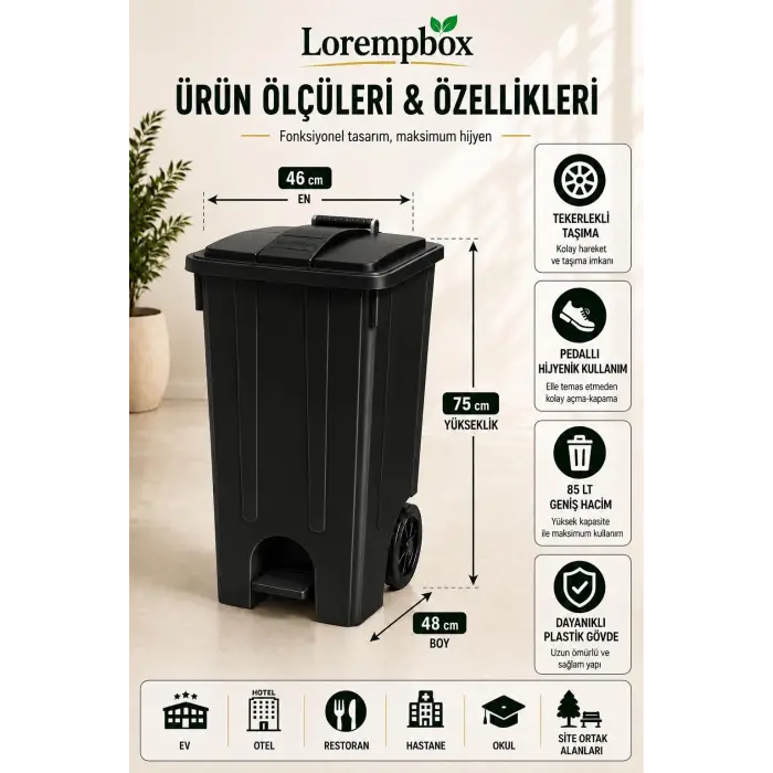 Lorempbox 85 L Tekerlekli Pedallı Çöp Kovası Siyah
