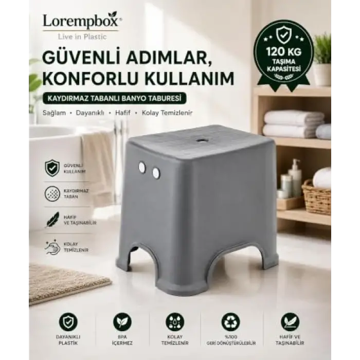 Lorempbox Kaydırmaz Tabanlı Plastik Tabure Gri