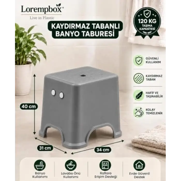 Lorempbox Kaydırmaz Tabanlı Plastik Tabure Gri