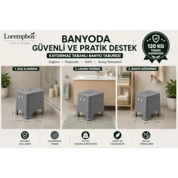 Lorempbox Kaydırmaz Tabanlı Plastik Tabure Gri
