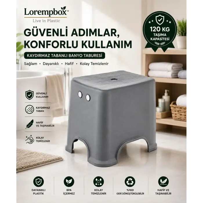 Lorempbox Kaydırmaz Tabanlı Plastik Tabure Gri