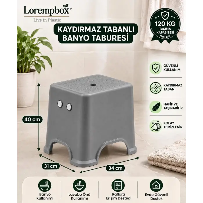 Lorempbox Kaydırmaz Tabanlı Plastik Tabure Gri