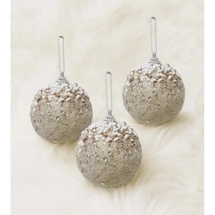 LÜKS YILBAŞI TOPU 8CM İNCİLİ PULLU 3LÜ ŞAMPANYA AST7252