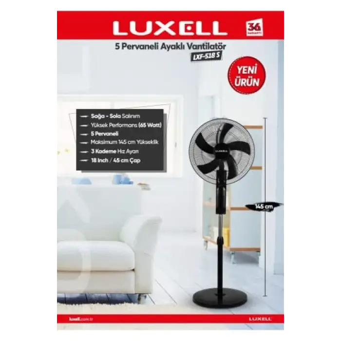 LXF-518 S 5 Pervaneli Ayaklı Vantilatör (Siyah)
