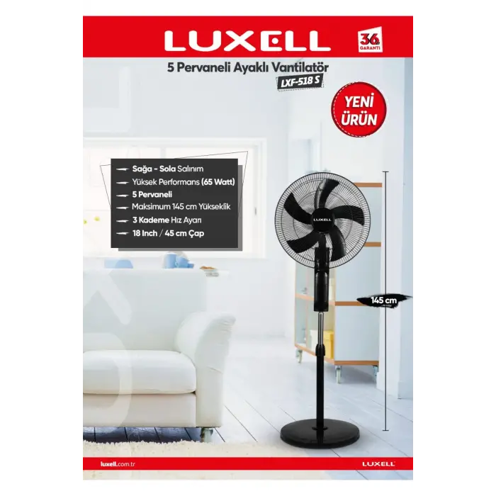 LXF-518 S 5 Pervaneli Ayaklı Vantilatör (Siyah)