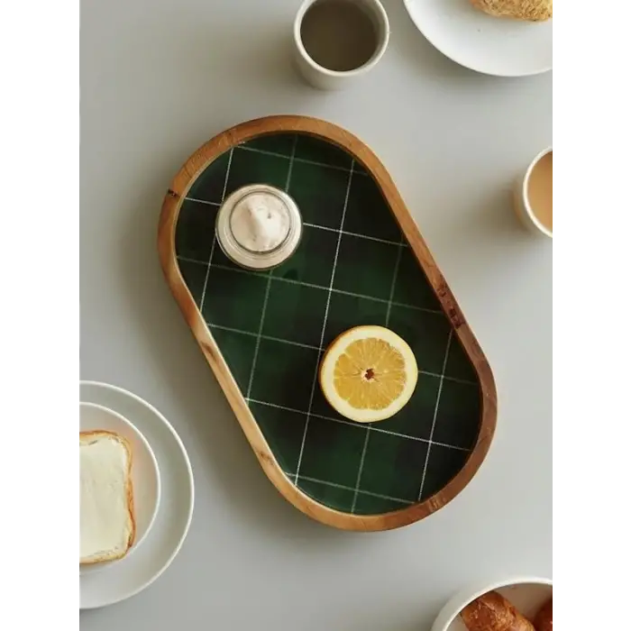 Mango Ekose Desenli Oval Ahşap Tabak