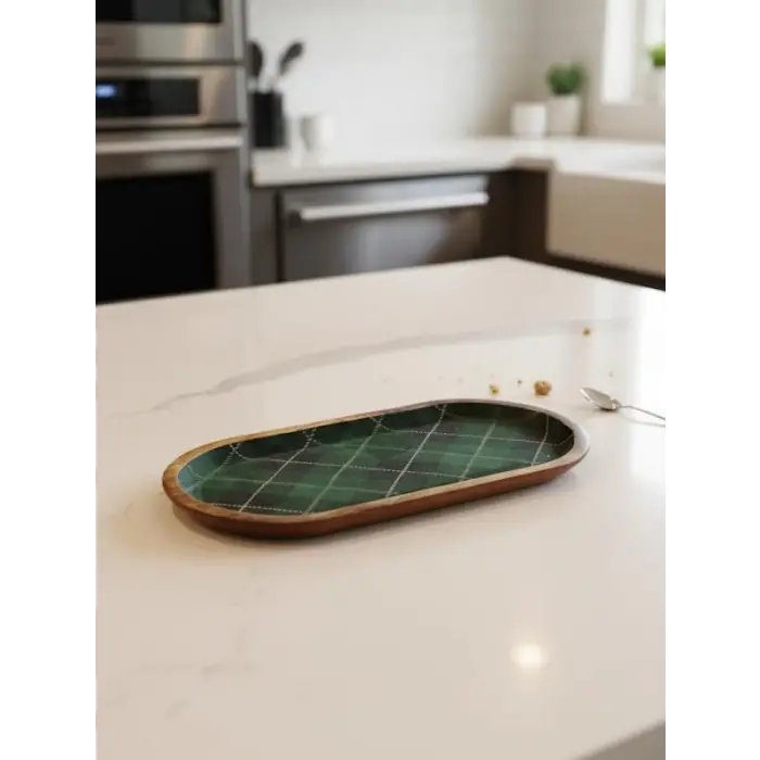 Mango Ekose Desenli Oval Ahşap Tabak