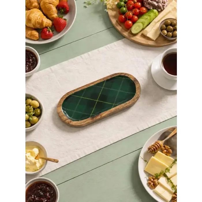 Mango Ekose Desenli Oval Ahşap Tabak