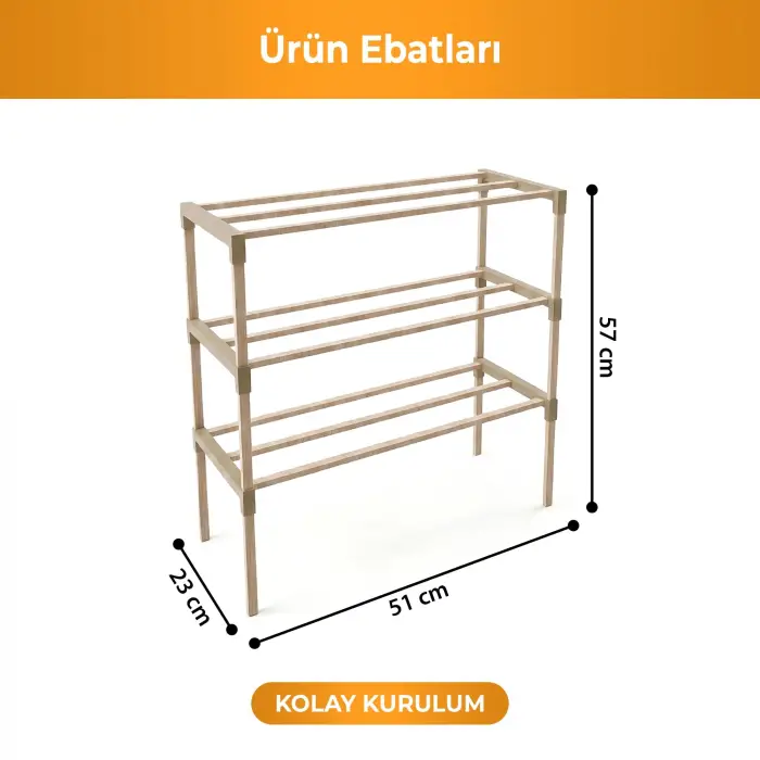 Masif ahşap açık raflı 2 katlı ayakkabılık, 6–8 çift ayakkabı kapasiteli