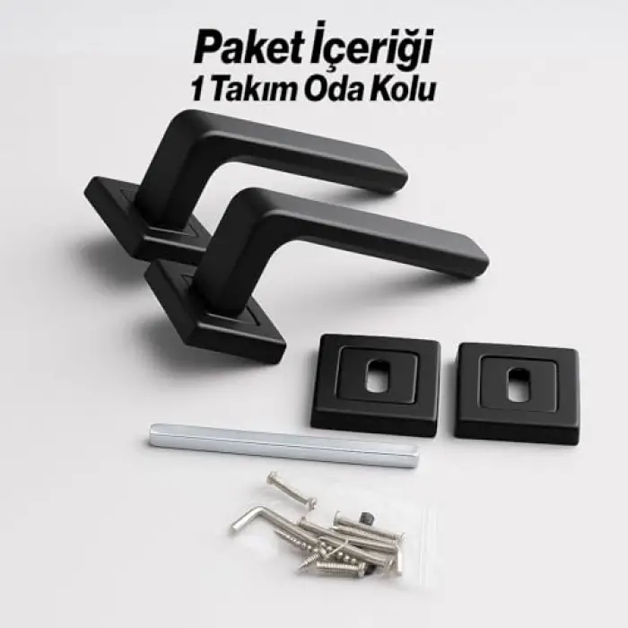 Mat Siyah Kare Rozetli Oda Kapı Kolu Seti