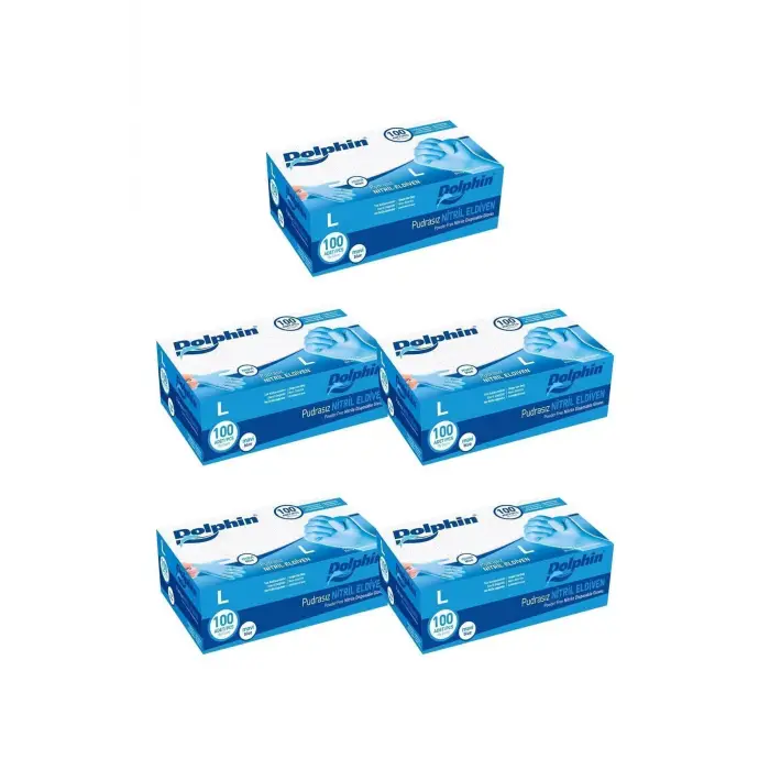 Mavi Nitril Eldiven Pudrasız, L Beden, 100lü Paket, 5 Adet Set