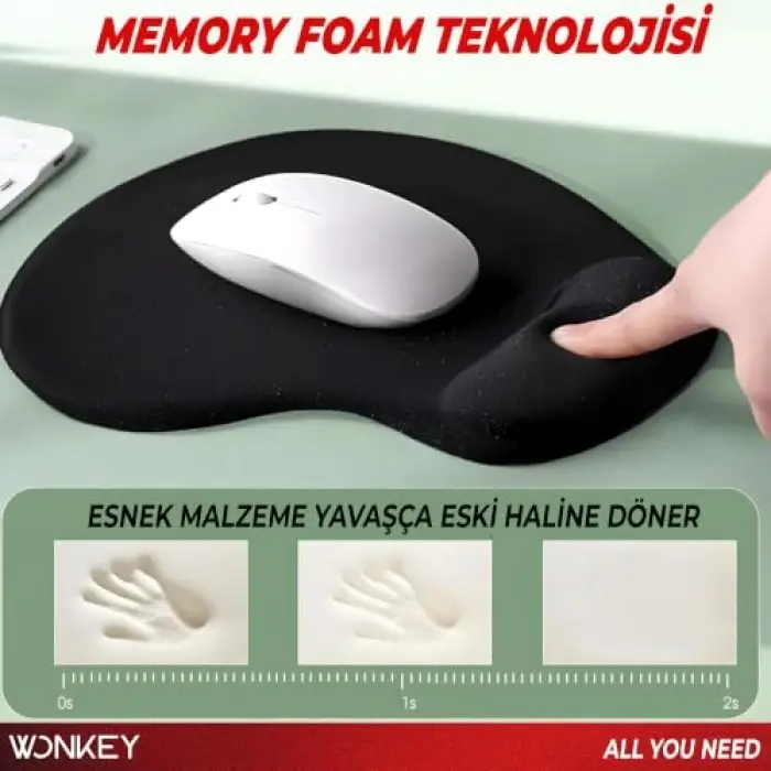 Memory Foam Bilek Destekli Mouse Pad, Kaymaz Tabanlı