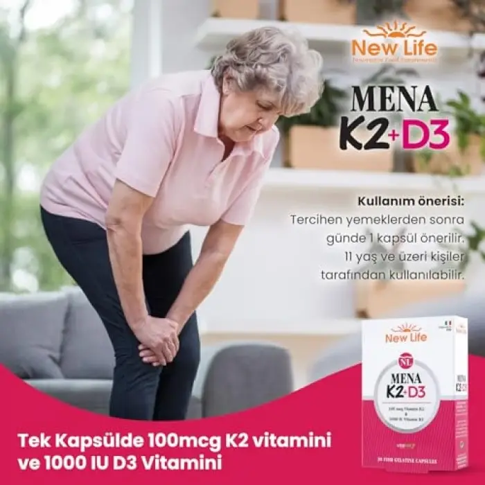 Mena K2 D3 30 Kapsül - 100mcg K2 Vitamini + 1000IU D3 Vitamini