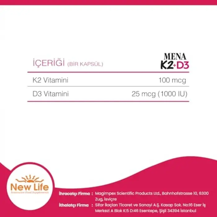 Mena K2 D3 30 Kapsül - 100mcg K2 Vitamini + 1000IU D3 Vitamini