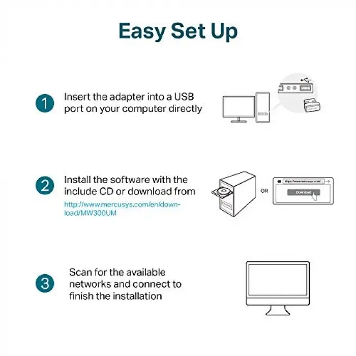 Mercusys MW300UM 300Mbps Kablosuz USB Adaptör