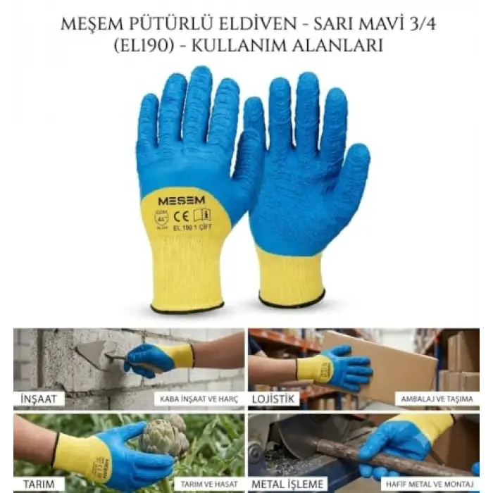 Meşem Pütürlü İş Eldiveni EL190 Sarı Mavi 3/4 Kaplama