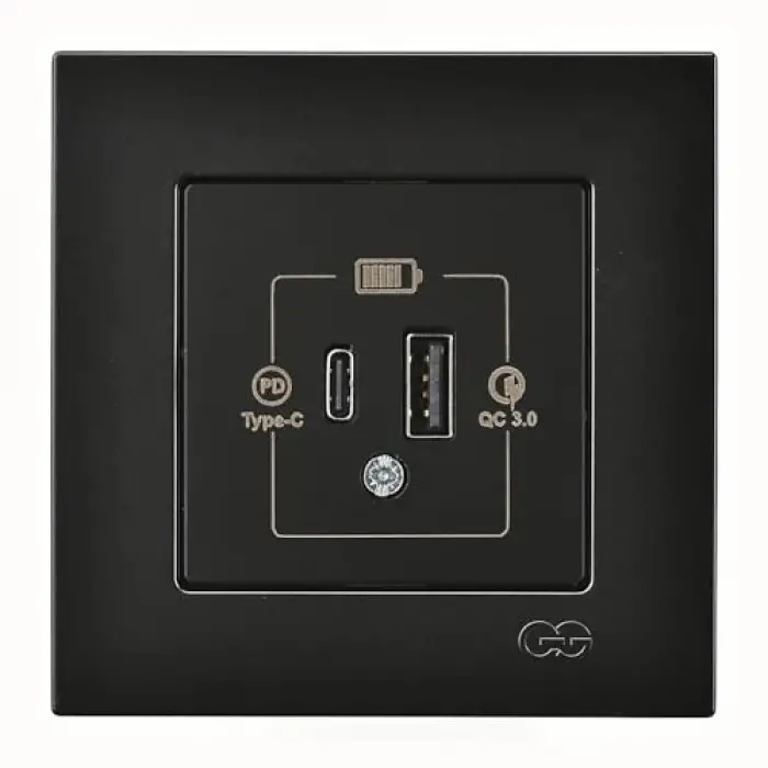 Metalik Siyah 2 Çıkışlı USB Şarj Prizi Type C + Type A 20W