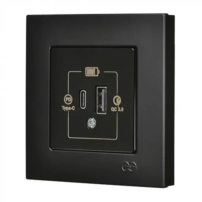Metalik Siyah 2 Çıkışlı USB Şarj Prizi Type C + Type A 20W