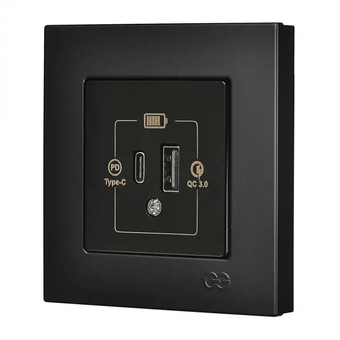 Metalik Siyah 2 Çıkışlı USB Şarj Prizi Type C + Type A 20W