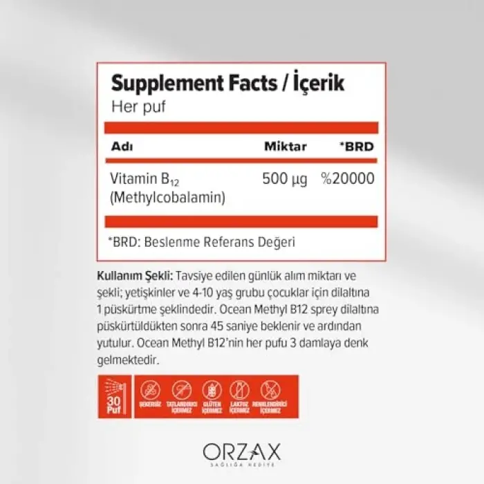 Methyl B12 dilaltı sprey, 500mcg, 5 ml