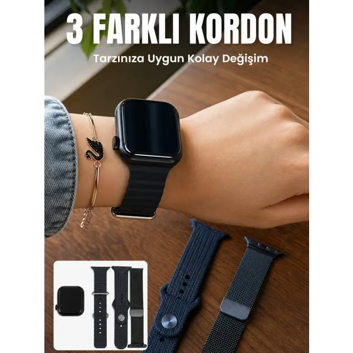 Mey İthalat® AMOLED Ekranlı Bluetooth Aramalı 3 Kordonlu Akıllı Saat