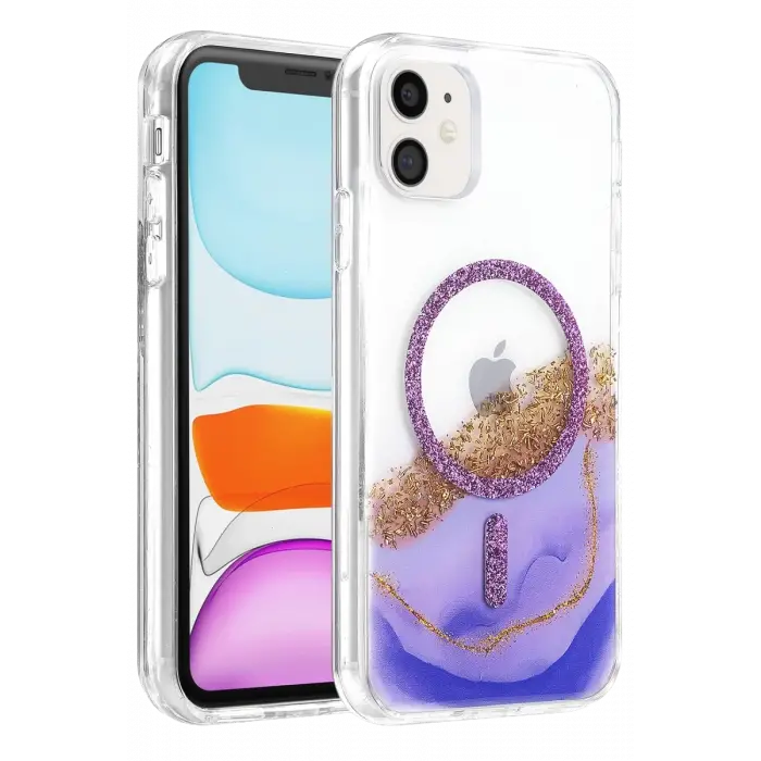 Mey İthalat®   iPhone 11 Lotus Simli Magsafe Kapak - Mor