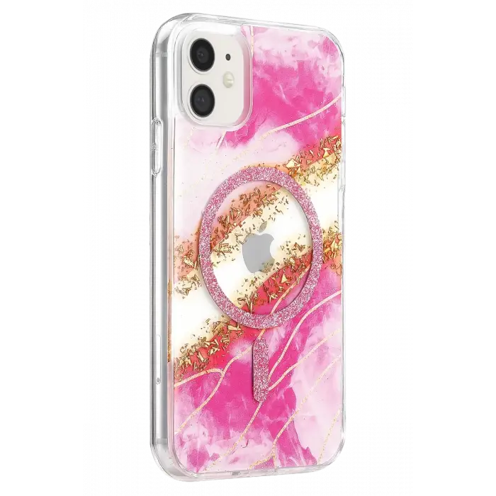 Mey İthalat®   iPhone 11 Lotus Simli Magsafe Kapak - Pembe