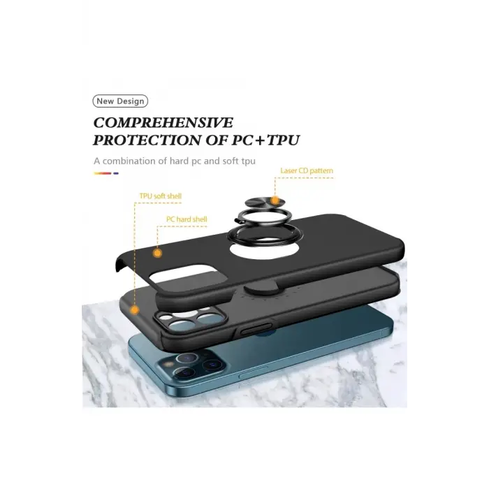 Mey İthalat®   iPhone 12 Pro Max Kılıf Elit Yüzüklü Kapak - Siyah