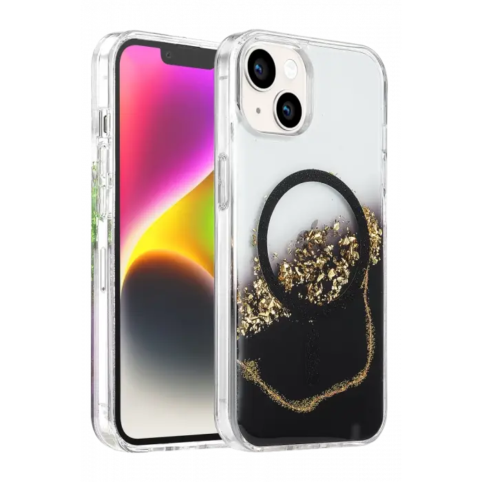 Mey İthalat®   iPhone 14 Lotus Simli Magsafe Kapak - Siyah