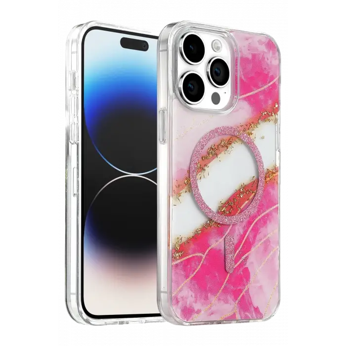 Mey İthalat®   iPhone 14 Pro Max Lotus Simli Magsafe Kapak - Pembe