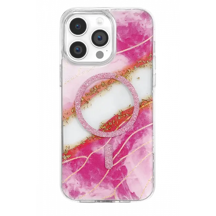 Mey İthalat®   iPhone 14 Pro Max Lotus Simli Magsafe Kapak - Pembe