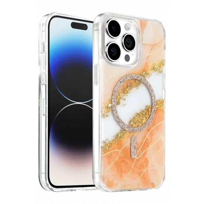 Mey İthalat®   iPhone 14 Pro Max Lotus Simli Magsafe Kapak - Turuncu