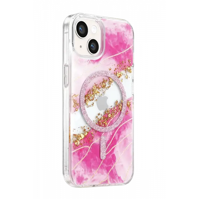 Mey İthalat®   iPhone 15 Lotus Simli Magsafe Kapak - Pembe