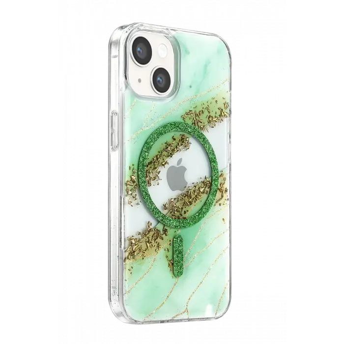 Mey İthalat®   iPhone 15 Lotus Simli Magsafe Kapak - Yeşil