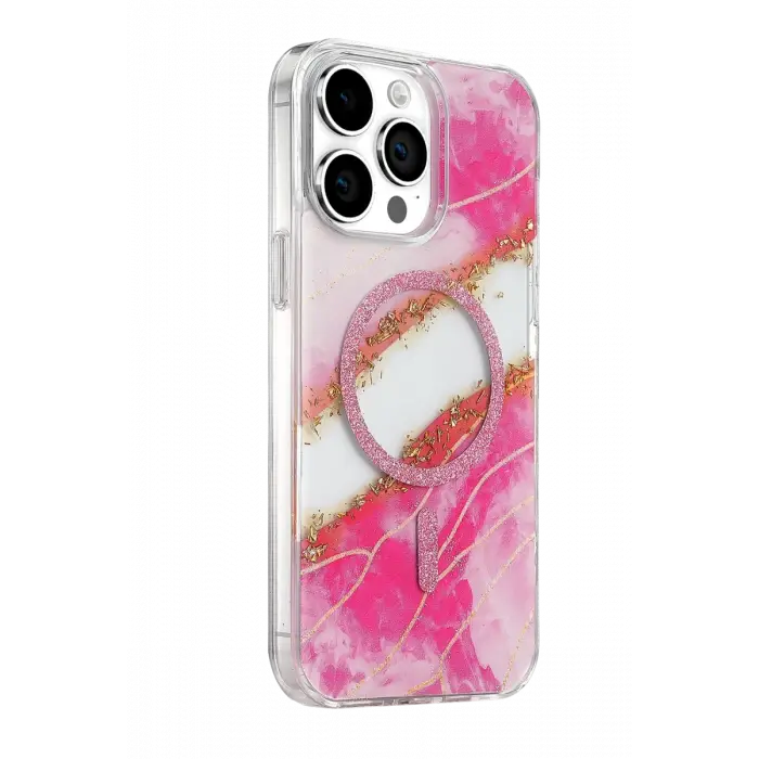 Mey İthalat®   iPhone 15 Pro Max Lotus Simli Magsafe Kapak - Pembe