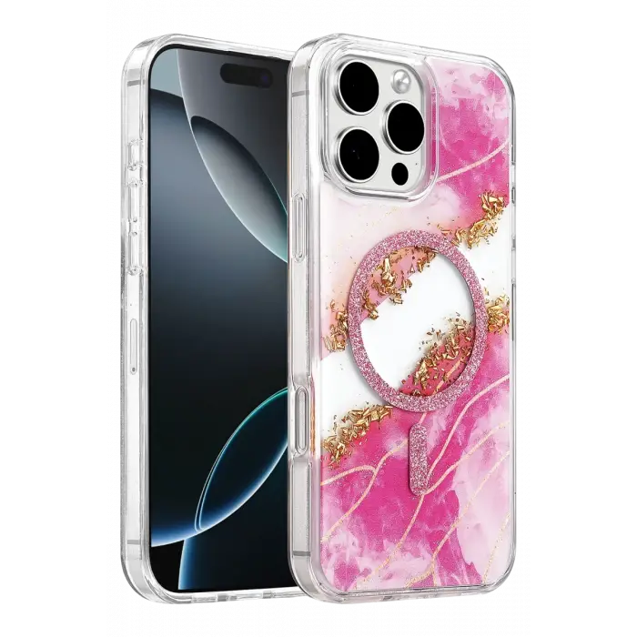 Mey İthalat®   iPhone 16 Pro Max Lotus Simli Magsafe Kapak - Pembe