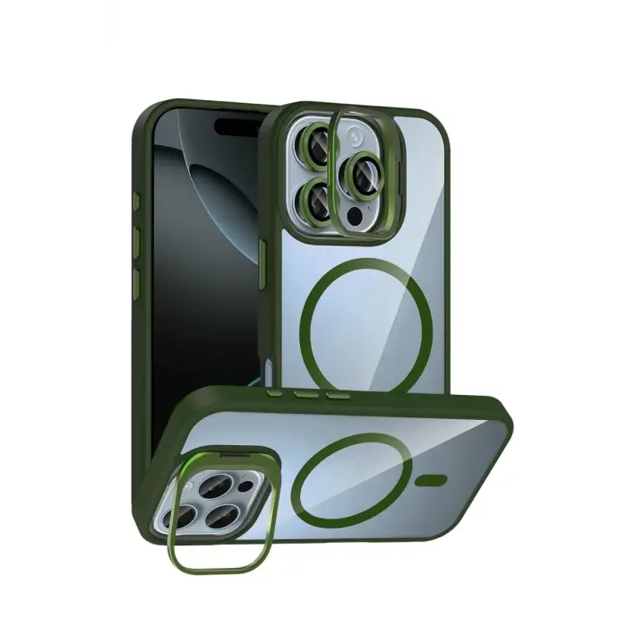 Mey İthalat®   iPhone 16 Pro Max Remim Lensli Magsafe Standlı Kapak - Koyu Yeşil
