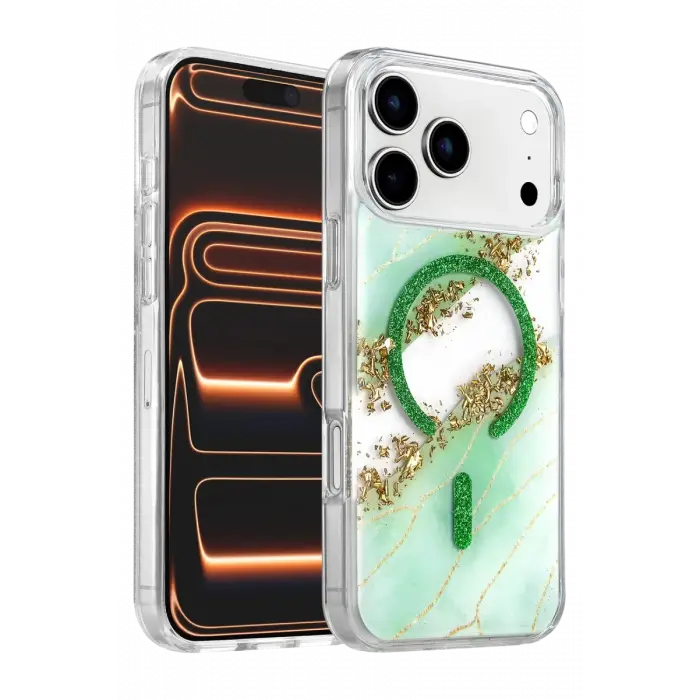 Mey İthalat®   iPhone 17 Pro Max Lotus Simli Magsafe Kapak - Yeşil