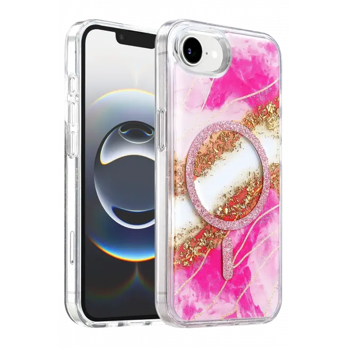 Mey İthalat®   iPhone 17E Lotus Simli Magsafe Kapak - Pembe