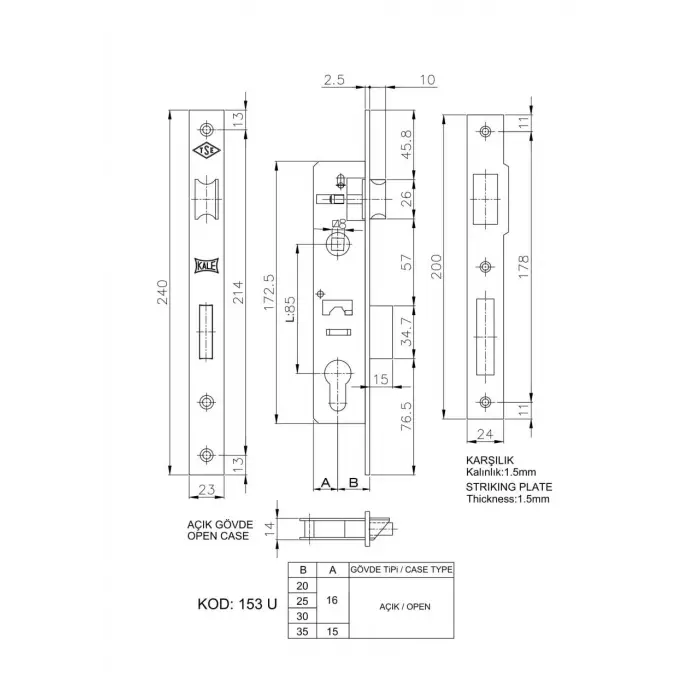 Mey İthalat® Kale 153 U 25 mm Dilli Silindirli Kilit