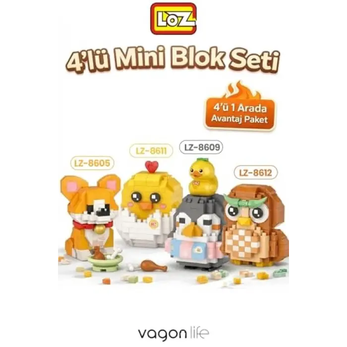 Micro Block 4lü Sevimli Hayvan Seti, 4 Farklı Model Dekoratif Oyuncak Yapım Seti Yapı Blok Seti