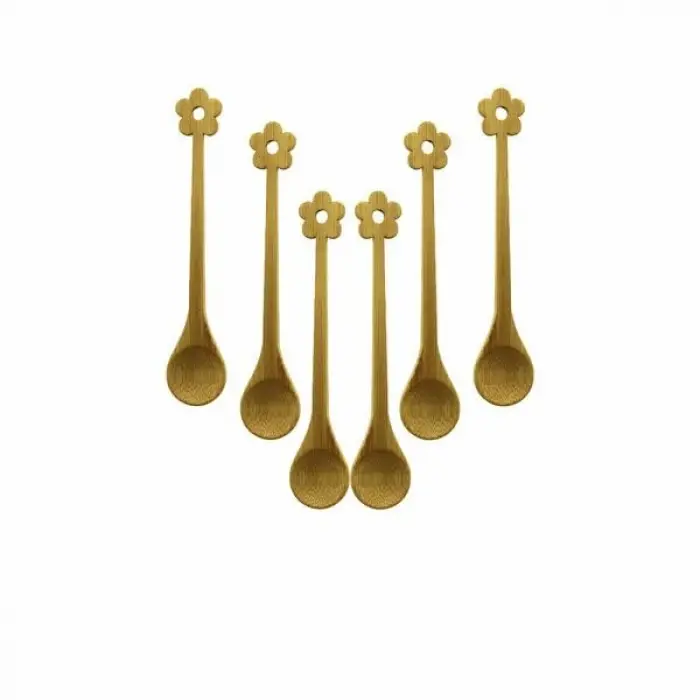Mini Bambu Ahşap Kaşık Seti, Çiçek Desenli, 14.5 cm, 6 Adet