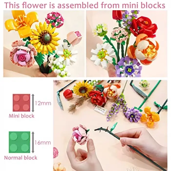 Mini Bricks çiçek buketi yapı seti, yapay çiçek yapı taşları, ev dekorasyonu, 547 parça yaratıcı botanik koleksiyonu, 8-12 yaş arası kızlar için